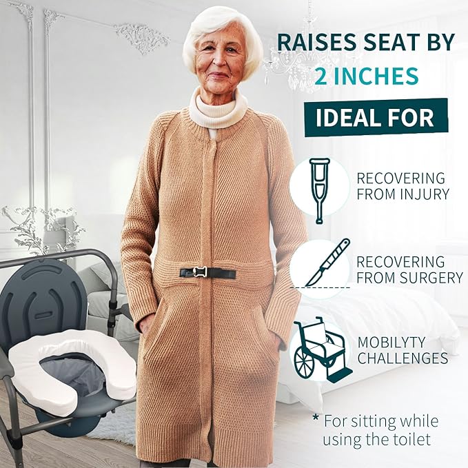 U-Shaped Padded Commode Seat Cushion – 2" Thick Raised Toilet Booster Pad for Seniors, Bedside Commode Chair, Potty Seat Riser – Universal Fit 16x15, Soft Foam, Non-Slip Straps