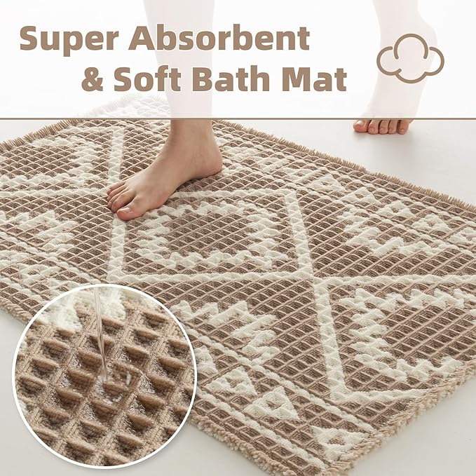 PADOOR-Waffle Bathroom Runner 24"x48", Super Absorbent Bath Mats for Bathroom, Machine Washable Non Slip Bath Rug with Tassels, Soft Bath Mat for Laundry Room, Bedroom, Brown & Cream, 2'x 4'