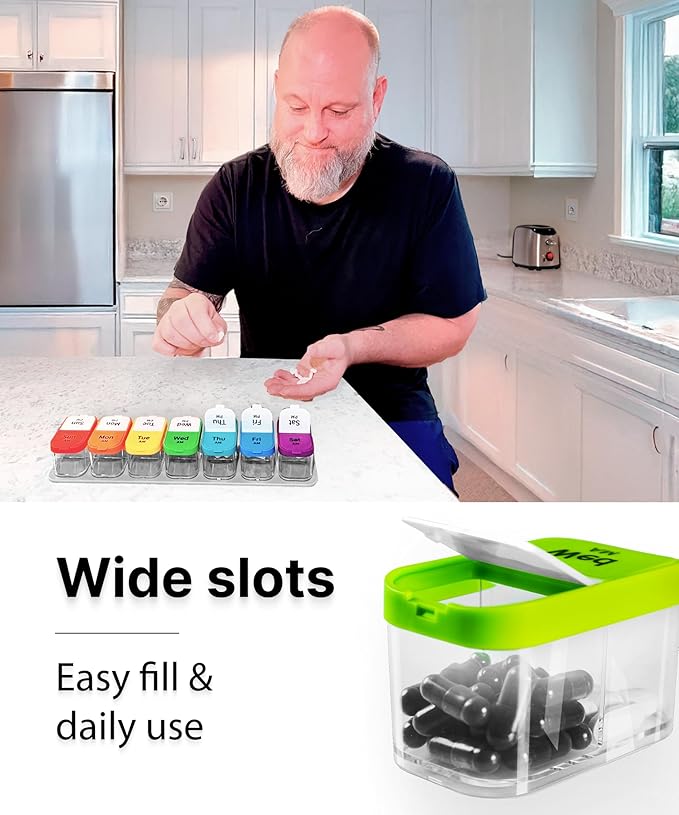 Extra Large Weekly Pill Organizer - XL Vitamin Holder with 7 Detachable AM PM Compartments - Portable Medicine Dispenser for Home and Travel, Big Supplement Container for Weekly or Daily Use, Rainbow