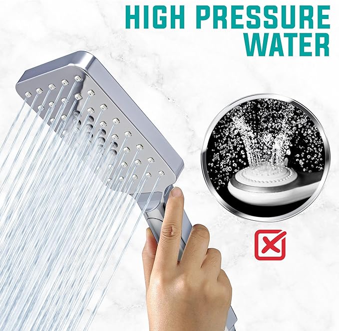 Metpure Handheld Shower Head with Easy Clicker for Multiple Sprays. Low Profile Lightweight Rectangular Shower Head. Stainless Steel Hose & Adjustable Mount Holder. Chrome Finish