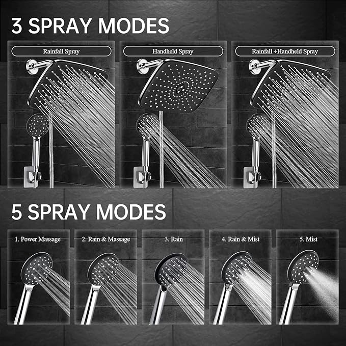 Veken 11.8 Inch Rain Shower Head with Handheld- High Pressure Dual Shower Heads with 5 Modes Handheld Spray Combo- Wide Rainfall Showerhead with Hose, Bathroom Accessories, Chrome