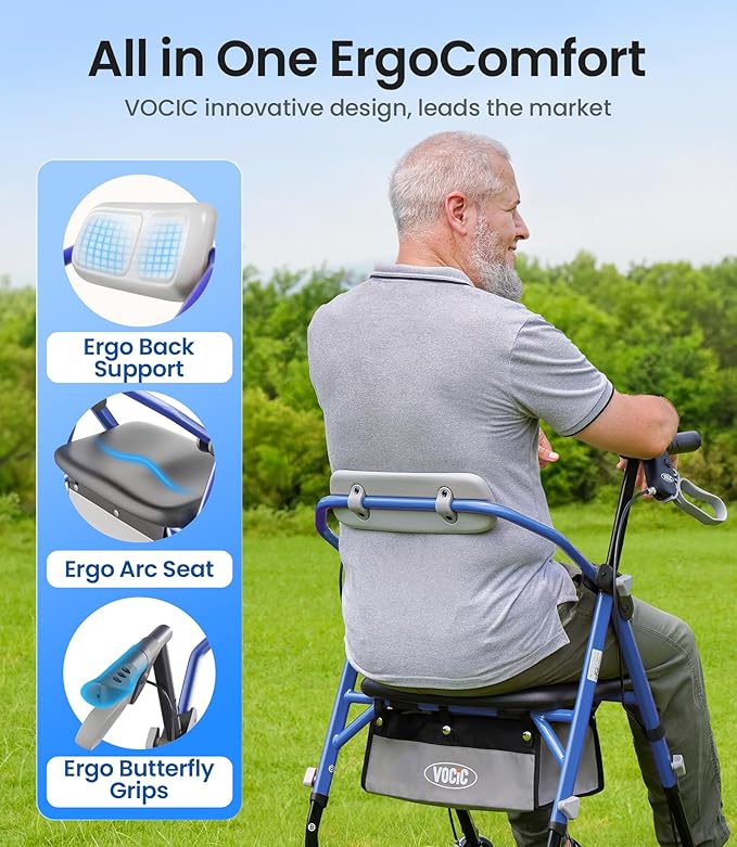 VOCIC Walkers for Seniors, Z12 Rollator Walker with Seat, Ergo Seat & Backrest, Foldable Rollator Adjustable Height, All Terrain Walker, Ultra Light