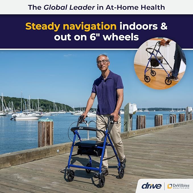 Drive Medical Aluminum Rollator Walker - Fold Up - Padded Seat - 6 Inch Wheels - Lightweight Portable Design - Indoor Outdoor Mobility Aid - Blue