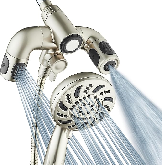 Aquadance High Pressure 156 Setting 14 Zone Shower Head & Handheld 3-way Combo System - Magnetic Docking, 314 Power Jets, Dual Adjustable Arms, 6 ft. Metal Hose, All Nickel Finish, Top American Brand