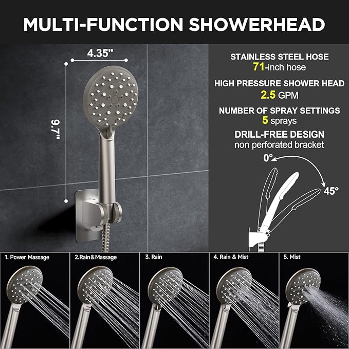 Veken 11.8" Rain Shower Head with Handheld, High Pressure Handheld Shower with Multi Spray Modes, Rainfall Combo with Metal Extension Arm, Detachable Dual Showerhead, Bathroom Decor, Starlight