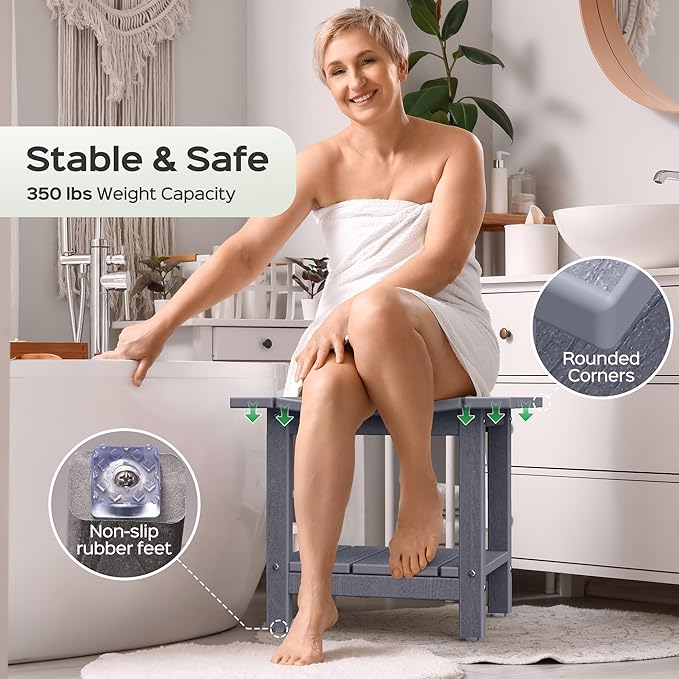 LyriFine Shower Bench - HDPE Waterproof Shower Bench for Inside Shower, 18.7" Shower Stool with Shower Head Holder, 350lbs Shower Seat with Storage Shelf, Shower Chair for Bathroom Indoor Outdoor Use