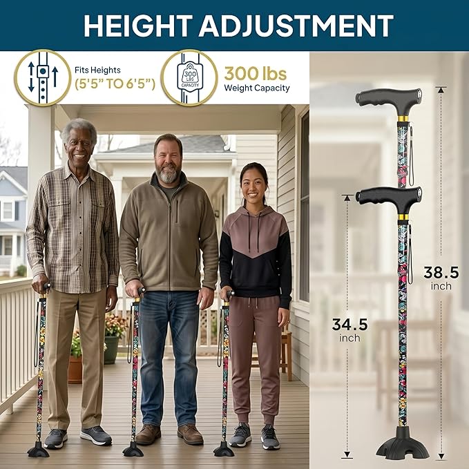 Walking Cane with LED Light, Foldable,Adjustable, Self Standing Walking Canes for Men & Women,Walking Sticks with Quad Base for Seniors & Adults