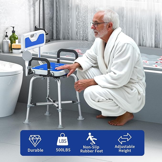 360° Swivel Shower Chair with Arms and Back, Heavy Duty 500 lbs Bariatric Bath Bench for Seniors Elderly Disabled Adults, Upgraded Adjustable Height Shower Stool for Inside Shower Stall