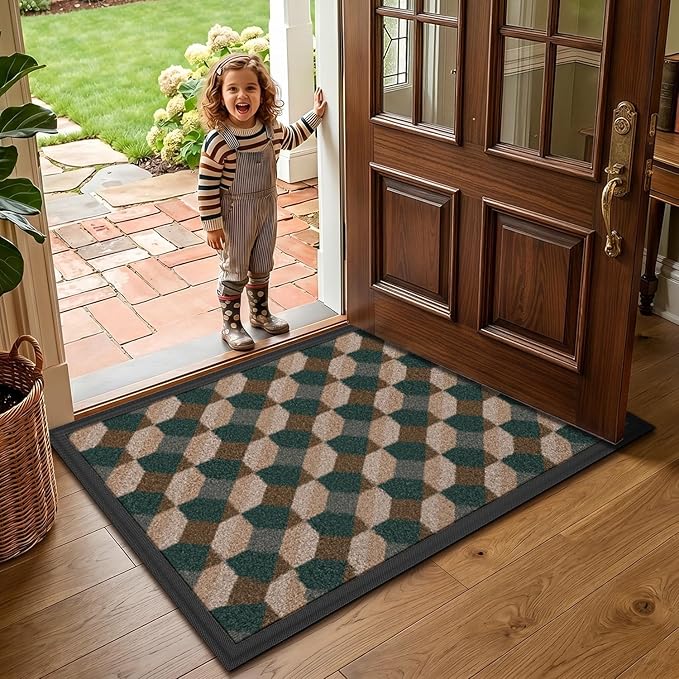 LUMI Front Door Mat 24x36, Low-Profile Non-Slip Welcome Mat for Indoor Outdoor, Stain & Fade Resistant Geometric Door Mat for Entryway Patio Porch, Geo-Olive