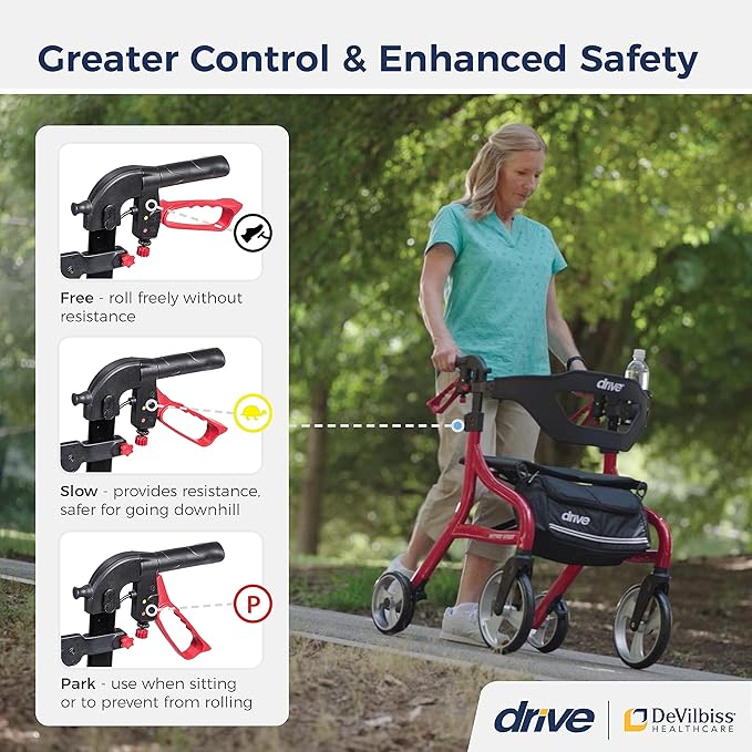 Drive Medical Nitro Sprint Foldable Rollator Walker with Seat - Lightweight Support - Large Wheels - Compact Folding Design - Adjustable Comfort - Tall Size - Red