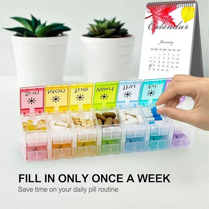 XL Large AM/PM Weekly Pill Organizer Arthritis Friendly, 2 Times a Day Pill Box with Spring Open Design, 7 Day Vitamin Case with Push Button Compartments (Clear)