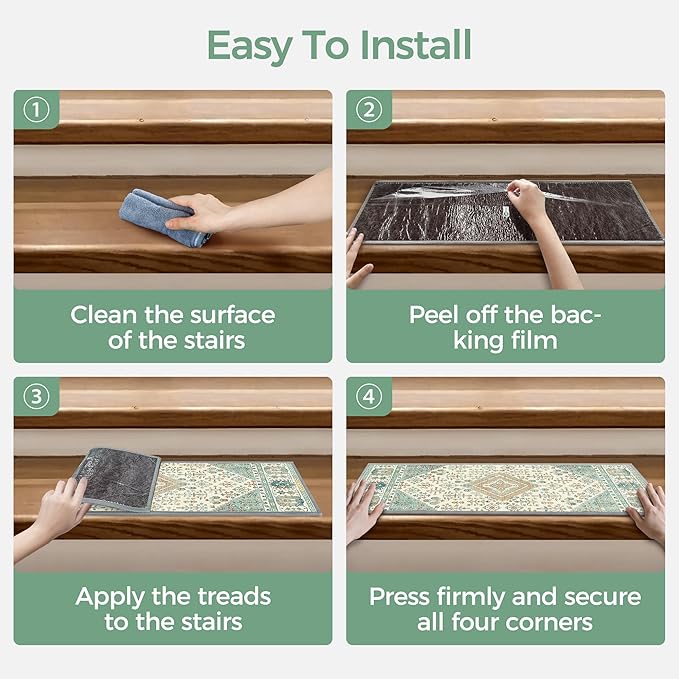 sarben Non Slip Stair Treads for Wooden Steps 15PCS - 8"x30" Indoor Safety Carpet, Edging Mats with TPE Adhesive Backing, Pet and Elderly Friendly Stair Rugs (Green&Ivory)