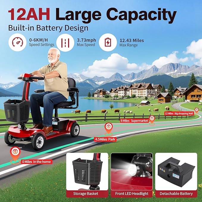 4 Wheel Mobility Scooter for Seniors & Adults Easy to Use Operate and Foldable,Heavy Duty 418 LBS, 12.4 Mile Range, Tight Turning Radius