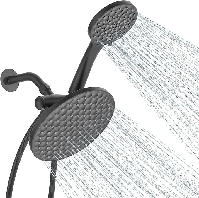 dual shower head with handheld combo,8.6 inch Rainfall showerhead,6 settings hand held shower heads with hose (Matte Black)