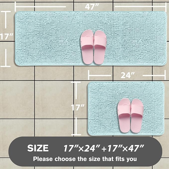 Aqua Bathroom Rugs Sets 2 Piece – Absorbent and Washable Bath Mat, Non-Slip, Thick Soft Chenille Bath Rugs for Bathroom Floor, Sink(17" x 24"+17" x 47")