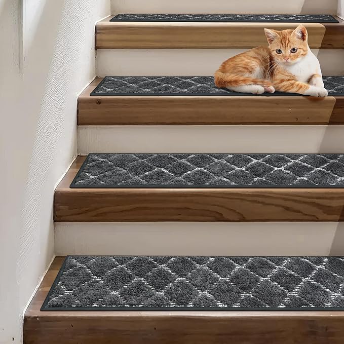 Non Slip Microfiber Stair Treads for Wooden Steps, 15PCS 8"x30" Indoor Safety Carpet, 3D Cut & Loop Tufted Edging Mats with TPE Adhesive Backing, Pet & Elderly Friendly Stair Rugs (Charcoal/White)