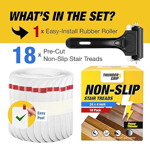 Clear Stair Treads Non-Slip 24"x4" - 18-Pack Indoor Stair Grips Non Slip for Wooden Steps - Anti Slip Adhesive Strips for Dogs & Elderly - Staircase Step Treads - Transparent Treads for Wood Stairs