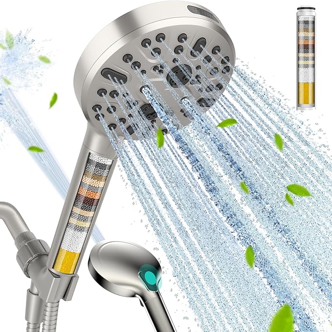 Cobbe Filtered Shower Head with Handheld - High Pressure 9 Spray Modes Showerhead with 16-Stage Water Softener for Hard Water - Purifying Detachable Hand Held Shower Head, Classic Nickel