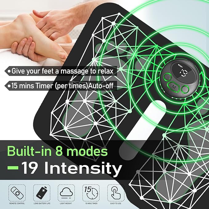 EMS Foot Massager Mat Acupressure for Neuropathy with Remote Control Legs Foot Stimulator Massager Machine Electric Pulse Pad for Muscle Relaxation Pain Relief 8 Modes 19 Levels Intensity