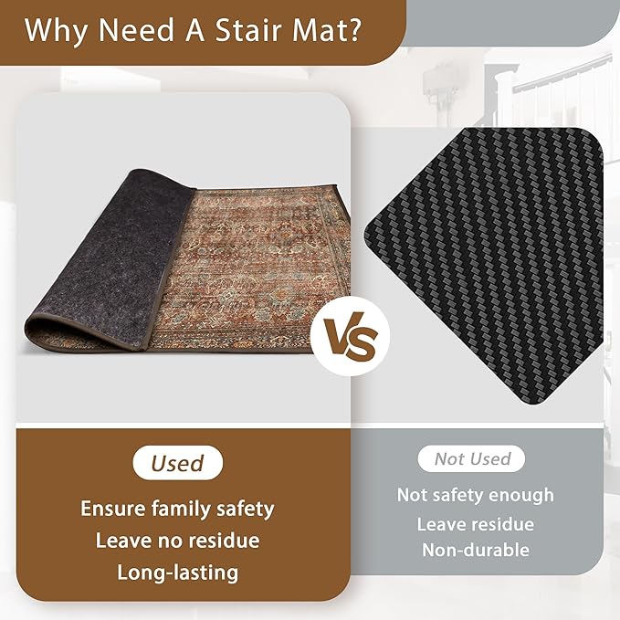 sarben Carpet Stair Treads Non Slip 1PCS, 30" X 30"Edging Stair Runner for Wooden Steps Indoor, Resistant Stair Rugs with Reusable TPE Adhesive Backing, Residue Free Mat for Kids,Pets,Rust & Brown
