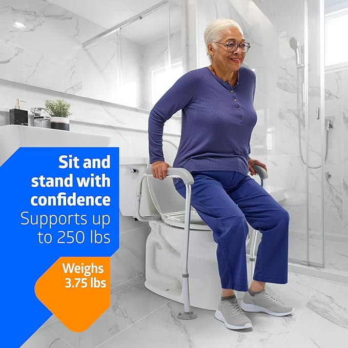 Medline Toilet Safety Rail with Suction Cup Tips, Aluminum Frame, Secure Mount for Toilet Support, Comfortable Armrests, Adjustable Height, Easy to Clean, Bathroom Aid for Adults and Seniors, 1 Count