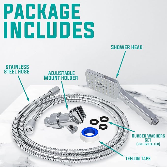 Metpure Handheld Shower Head with Easy Clicker for Multiple Sprays. Low Profile Lightweight Rectangular Shower Head. Stainless Steel Hose & Adjustable Mount Holder. Chrome Finish