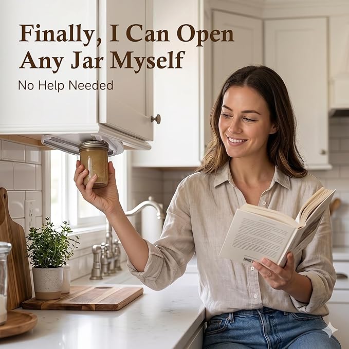 Upgraded Under Cabinet Jar Opener: Easy for Weak Hands & Seniors with Arthritis, One-Hand Jar & Can Opener - Dual Slot Design Opens Stubborn Jar & Bottle Lids - Stainless Steel Teeth - Kitchen Helper