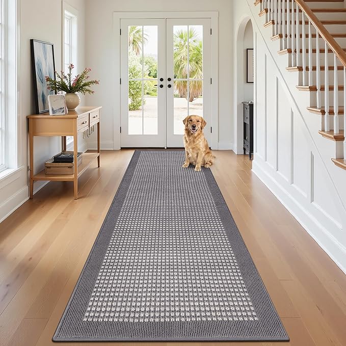 Ileading Runner Rug for Hallways 2.6'x10' Heavy-Duty Durable Entryway Floor Mat with Non Slip Rubber Backing Low-Pile High Traffic Carpet Machine Washable Accent Rugs for Kitchen(Grey)