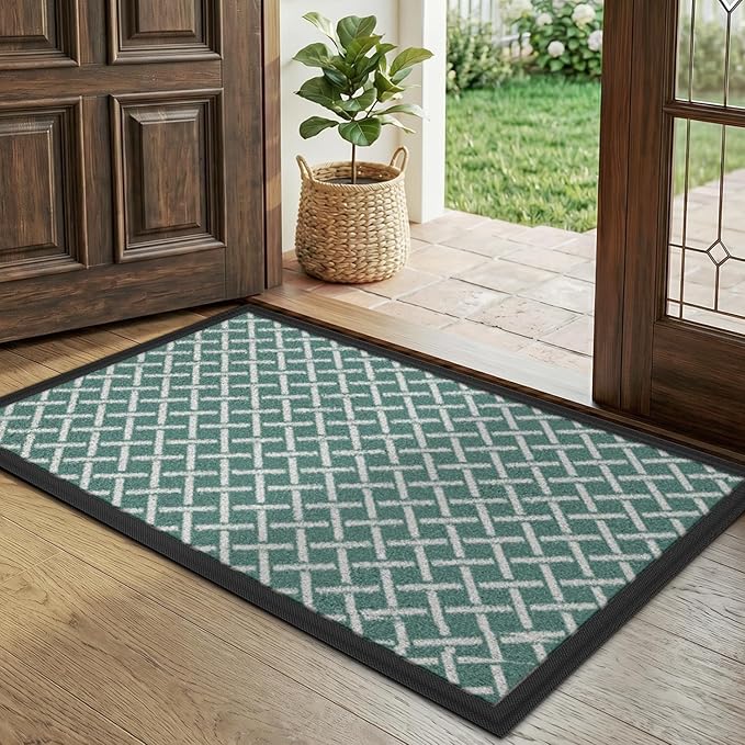 LUMI Front Door Mat 30x48, Low-Profile Non-Slip Welcome Mat for Indoor Outdoor, Stain & Fade Resistant Geometric Door Mat for Entryway Patio Porch, Grid-Teal