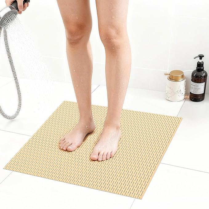 Extra Large Non-Slip Shower Mat, Fast-Dry PVC Bath Stall & Tub Mat, Drain-Hole Design,for Shower Stall Tub for Elderly/Kids，Non Slip Bathroom Safety Accessory，Beige 21"x21"