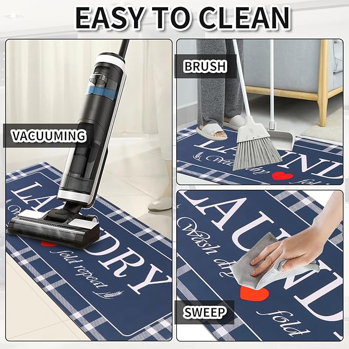 XLHOMO Laundry Room Rugs and Mats, 17"x47" Buffalo Plaid Navy Blue Laundry Room Rug Washable Non Slip, Farmhouse Laundry Mats for Floor, Mudroom, Kitchen, Washroom, Bathroom, Entryway Carpet Decor