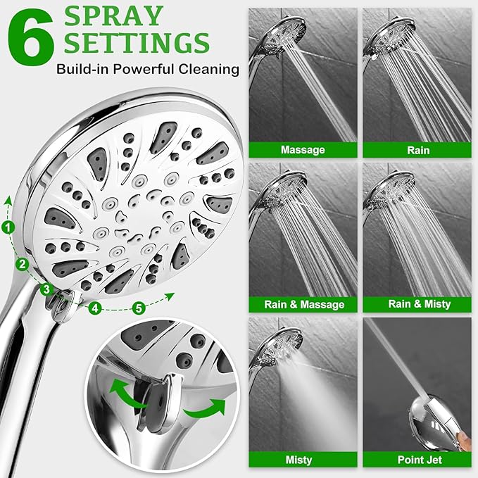 High Pressure Shower Head with Handheld - OHDAY® 6-Mode Powerful Showerhead with 70'' Stainless Steel Hose, Adjustable Bracket and Built-in Power Wash to Clean Tub Tile Pets Bathroom Corner