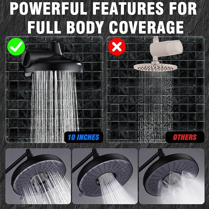 Dual Filtered Shower Head, 8 Inch 3 Spray Mode High Pressure Rainfall Showerhead with Handheld Combo, 10 Inch Adjustable Extension Arm and 60" Hose, Shower Head Filter for Hard Water, Black