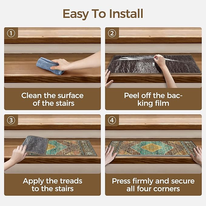 sarben Non Slip Stair Treads for Wooden Steps 15PCS - 8"x30" Indoor Safety Carpet, Edging Mats with TPE Adhesive Backing, Pet and Elderly Friendly Stair Rugs (Amber&Cyan)