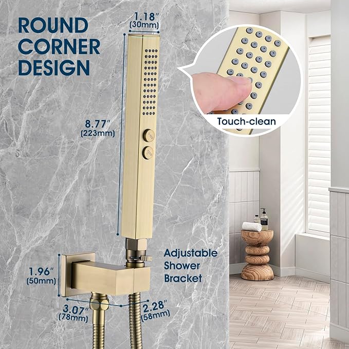 All-Metal High Pressure Square Handheld Shower Head with Jet Spray and Rainfall Modes, Volume Control Regulator, ON/OFF Switch, Hose and Wall Mounted Adjustable Bracket, Brushed Gold Color