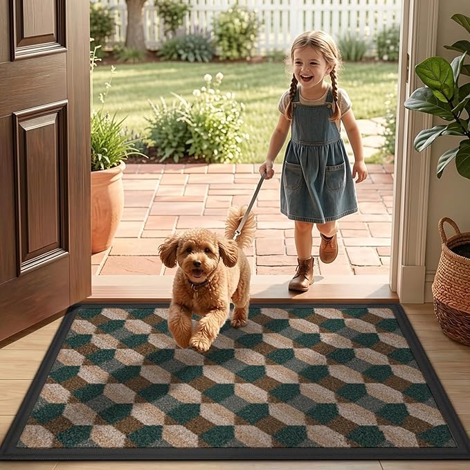LUMI Front Door Mat 17x30, Low-Profile Non-Slip Welcome Mat for Indoor Outdoor, Stain & Fade Resistant Geometric Door Mat for Entryway Patio Porch, Geo-Olive