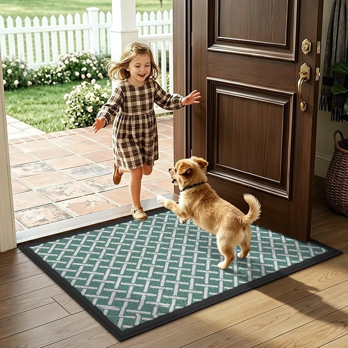 LUMI Front Door Mat 17x30, Low-Profile Non-Slip Welcome Mat for Indoor Outdoor, Stain & Fade Resistant Geometric Door Mat for Entryway Patio Porch, Grid-Teal