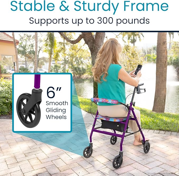 Vive Ultra Lightweight Rollator Walker with Seat - Foldable, Narrow, Rolling Senior Walker for Small Spaces - 4 Wheel Aluminum Adult Easy Drive Aid with Underseat Accessory