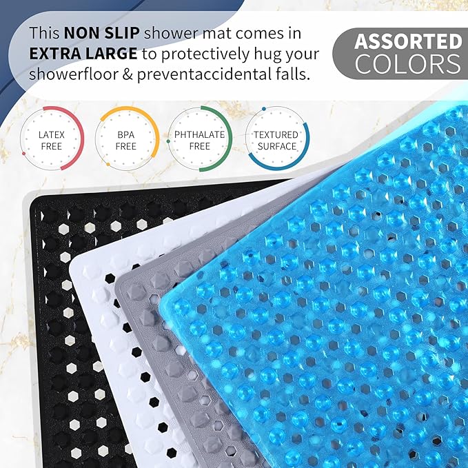 Yimobra Square Shower Floor Mat Non Slip, 21"x21" Machine Washable Bath Tub Mat, Soft on Feet, Bathmat with Drain Holes and Suction Cups, Fast Draining, Clear Blue