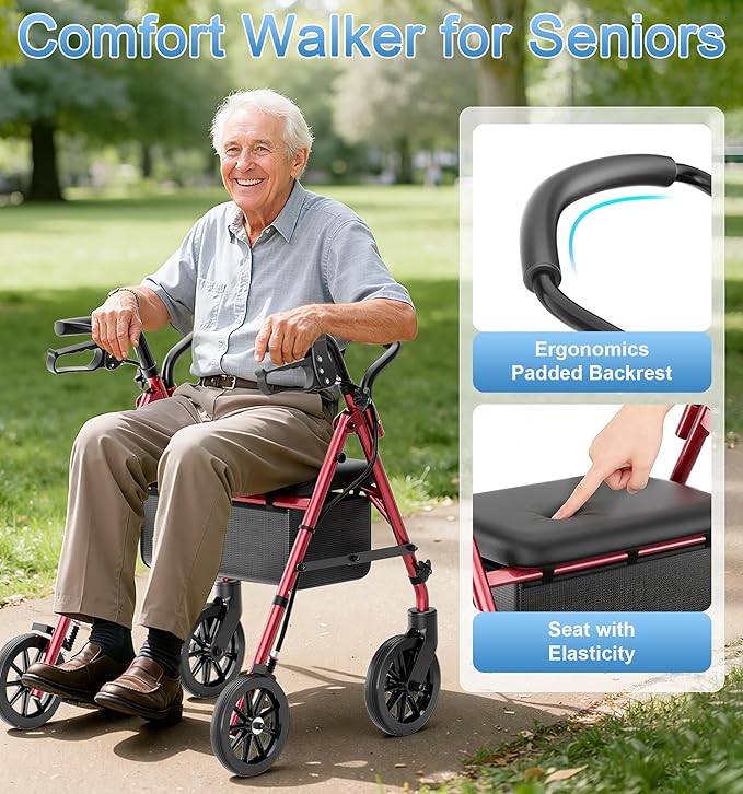 16 Pounds Lightweight Walkers for Seniors with Seat, Narrow Rolling Walker with 4 Puncture-Resistant Wheels, 5-Level Height Adjustable, 300 lbs Weight Capacity (Red)