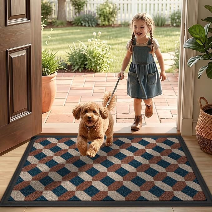 LUMI Front Door Mat 17x30, Low-Profile Non-Slip Welcome Mat for Indoor Outdoor, Stain & Fade Resistant Geometric Door Mat for Entryway Patio Porch, Geo-Navy