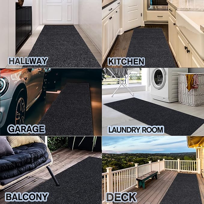 Custom Size Backed Non-Slip Area Rugs Runner, Easy Clean, Waterproof Runner Rugs for Hallway Entryway, Kitchen, Laundry, 2FT x 16FT, Black