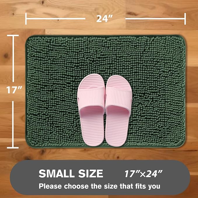 Dark Green Bathroom Rugs – Absorbent and Washable Bath Mat, Non-Slip, Thick Soft Chenille Bath Rugs for Bathroom Floor, Shower, Sink - 17" x 24"