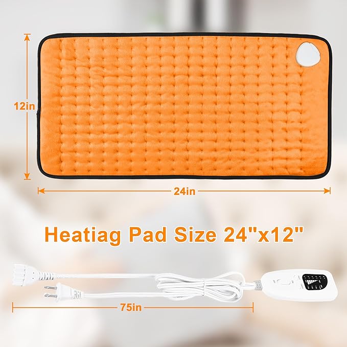 Deepsoon Heating Pad,Electric Heating Pads for Back,Neck,Moist Heating Pad for Abdomen Shoulder Knee Legs,Dry/Moist Heat&Auto Shut Off,Mother's Day Birthday for Men and Women,Orange Black,24x12 Inch