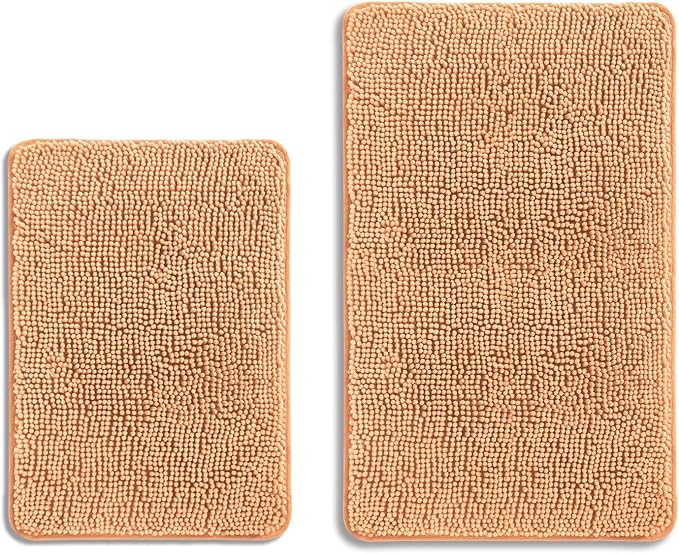 Peach Bathroom Rugs Sets 2 Piece – Absorbent and Washable Bath Mat, Non-Slip, Thick Soft Chenille Bath Rugs for Bathroom Floor, Shower, Sink - 17" x 24"+20" x 32"
