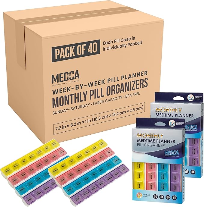 Monthly Pill Organizer - 28 Day Monthly Pill Planner to Separate Pills & Vitamins Week to Week, Travel Medication Reminder Daily Monday to Sunday Compartments, Case of 40