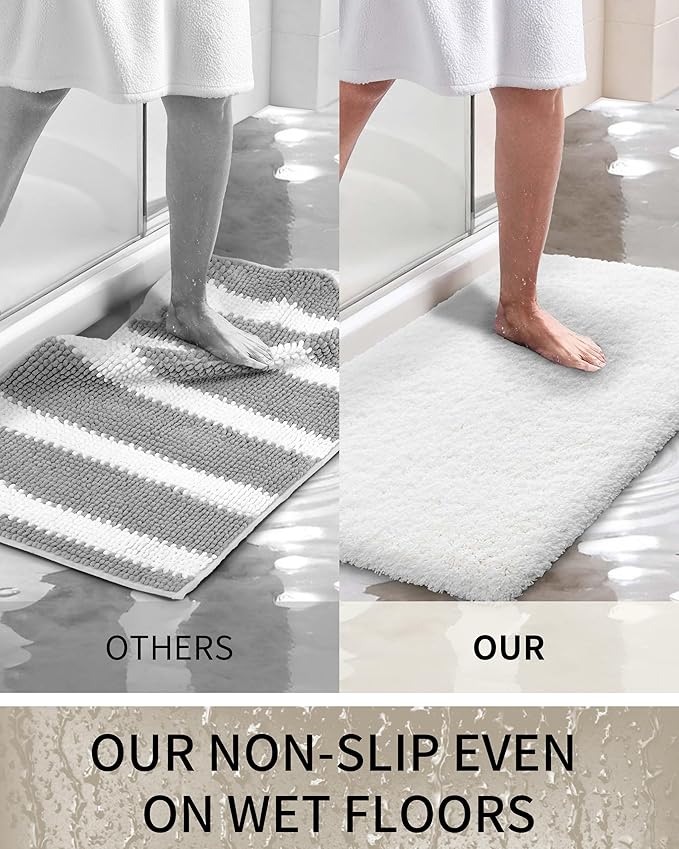 Bathroom Rugs Non Slip Washable 48x24, Ultra Thick Soft Microfiber Absorbent Bath Mats, High Density Foam Latex Non Slip Backing Bath Rugs, Fluffy Floor Carpet for Tub&Shower, White