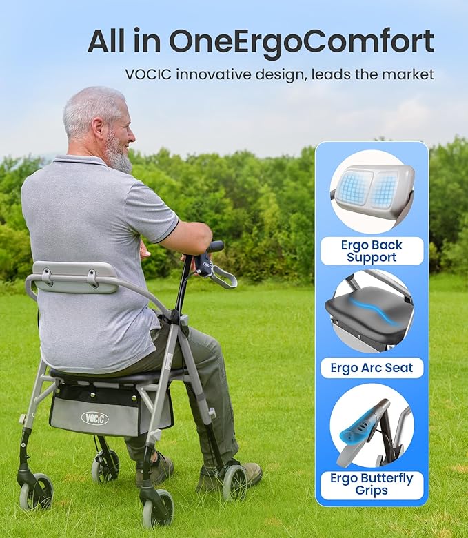 VOCIC Walkers for Seniors, Z11 Rollator Walker with Seat, Max 380 lbs, Avant Walkers with Ergo Seat & Backrest, Foldable Rollator Adjustable Height, All Terrain Walker, Lightweight