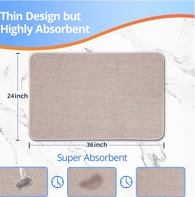 Upgraded Bath Mat 24x36Inch, Thin Bath Mats Rugs with Rubber Backing Non-Slip, Absorbent,Quick Dry Machine Washable, Home Decor Accessories Cozy Cloth Bathroom Rugs fit Under Door/Sink/Tub-Biege