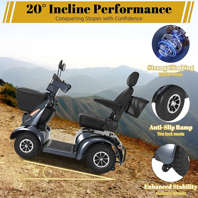 Ecomobi Outdoor Heavy Duty Mobility Scooter for Adults & Seniors - 1000W, 500 lbs Bariatric Capacity, 32 Miles Long Range, 13.78 in Off-Road Tires, 15 MPH Max Speed, Full Suspension, Bluetooth Speaker